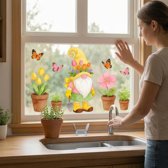 Garden Gnome Window Clings with Tulips and Butterflies, Watercolor Dwarf Glass Decals, Self-Adhesive Transparent Stickers for Balcony Patio Living