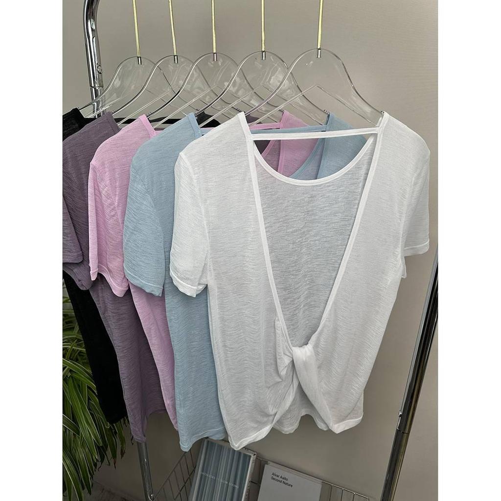 Crisscross Open Back Bamboo Fiber Breathable Yoga Cover-up T-shirt with Sun Protection 