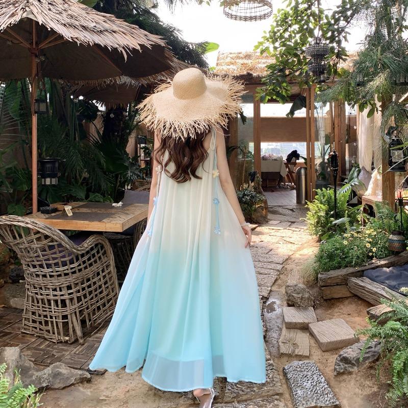 French Dopamine Fairy Seaside Vacation Blue Gradual Change Suspender Dress Female Flower Lace-up Long Dress