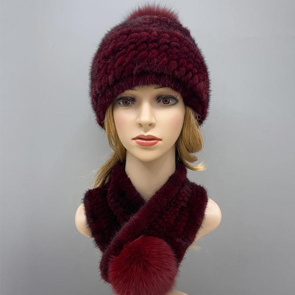 Zimowy Ciepły Damski Zestaw Czapka Szalik Dzianinowa Czapka z Pomponem Pokryta Futrem Norki Szalik z Naturalnego Futra Wysokiej Jakości