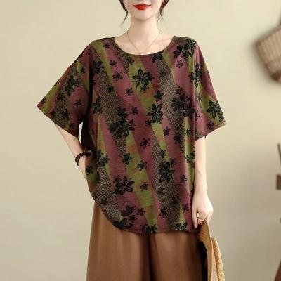 Kısa Kollu Tişört Yeni Stil Bol Edebi Retro Etnik Baskılı Yuvarlak Yaka Zarif Çok Yönlü Üst Çiçekli Kazak