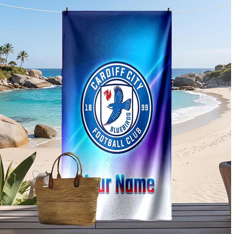 Cardiff City Personalized Printed Beach Towel Soccer Logo Support Custom Name Text Absorbent Towel For Sport Travel Special Gift