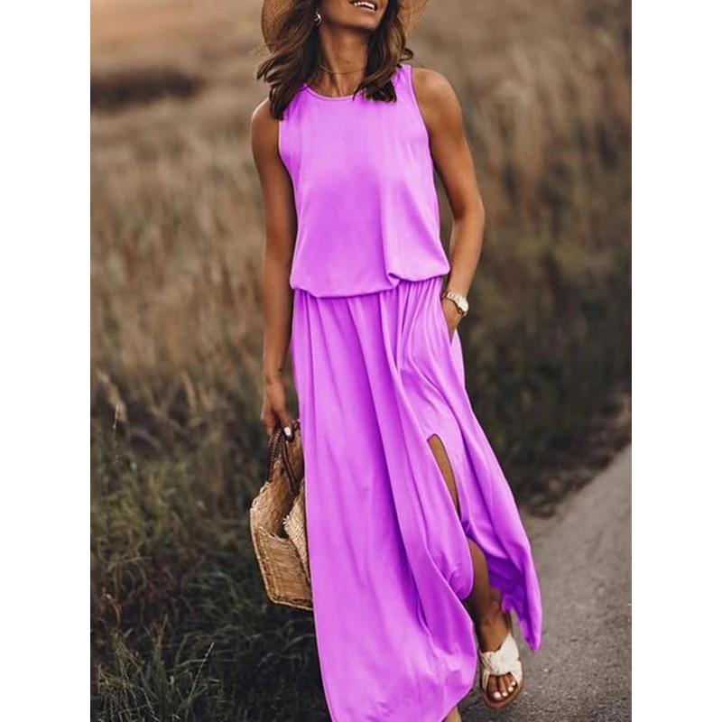Vestido Largo Casual de Color Sólido sin Mangas con Cuello Redondo, Abertura Lateral, Ropa Nueva Europea y Americana para Mujer de Primavera y Verano