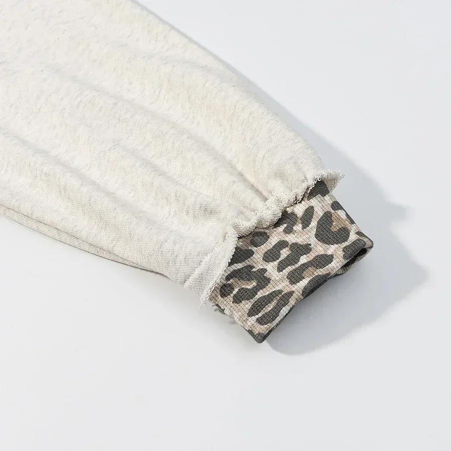 Y2k Vintage Two-in-one Leopard Print Hoodie Women Contrast Full Sleeved Dropped Shoulder Loose Hooded Sweatshirt Winter Hoodies