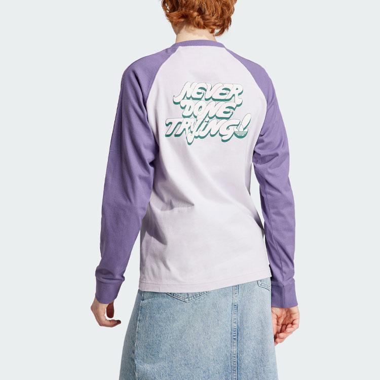 Adidas Originals Long Sleeve Tee With Letter Print American Vintage Color Block Sports Crew Neck Women Tops Purple IN4135