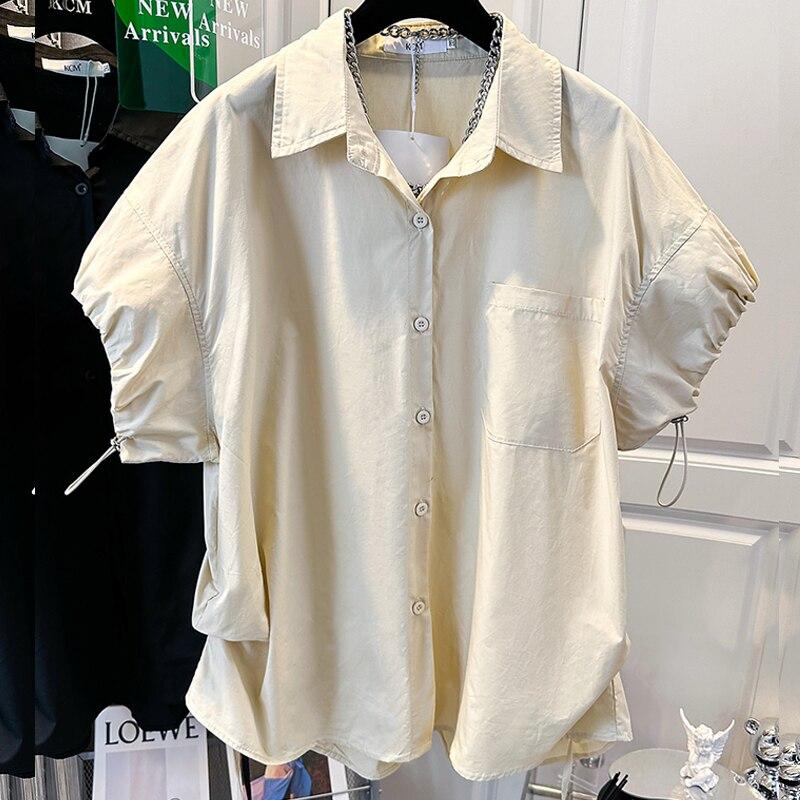 Fashion Turn Down Collar Single Breasted Shirt Puff Short Sleeve Casual Loose Lace-up Drawstring Tops White Summer Blouse 27514