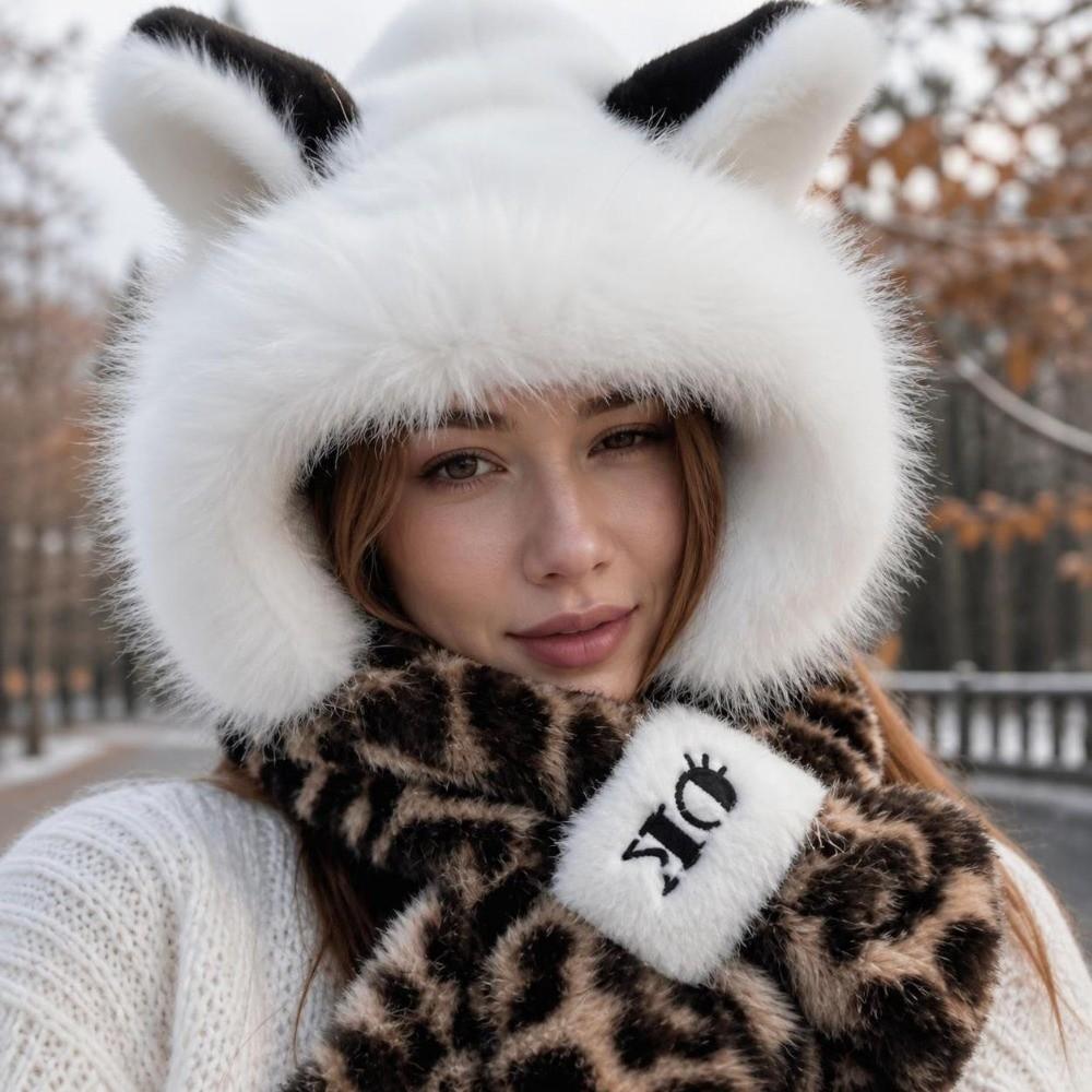 Thick Warm Lining Fox Ear Hat Scarf Faux Fur Plush Winter Scarf Hooded Scarf Set  Cold Weather
