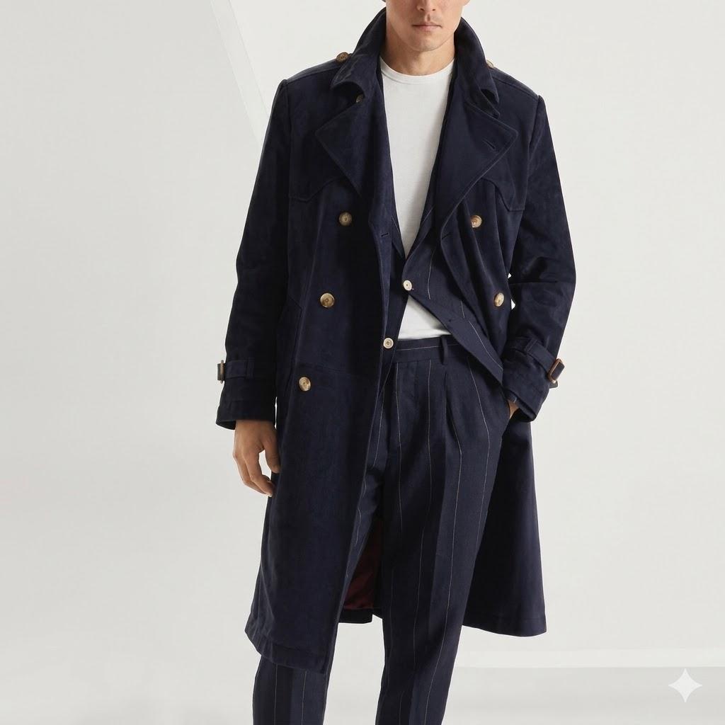 Suede Lambskin Leather Men's Stylish Trench Coat Soft Party Navy Blue Handmade
