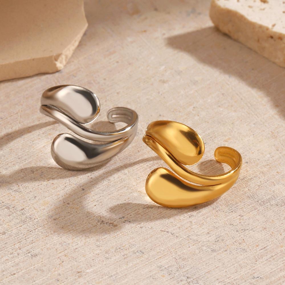 Fashion Minimalist Artistic Gold Color Stainless Steel Geometric Curved Teardrop Opening Rings for Women Daily Wear Jewelry Gift