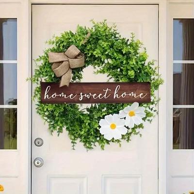 Spring Summer Wreath Artificial Green Leaves Floral Wreath with Burlap Bow and Wooden Sign for Front Door Window Hanging Wall Party Decorations
