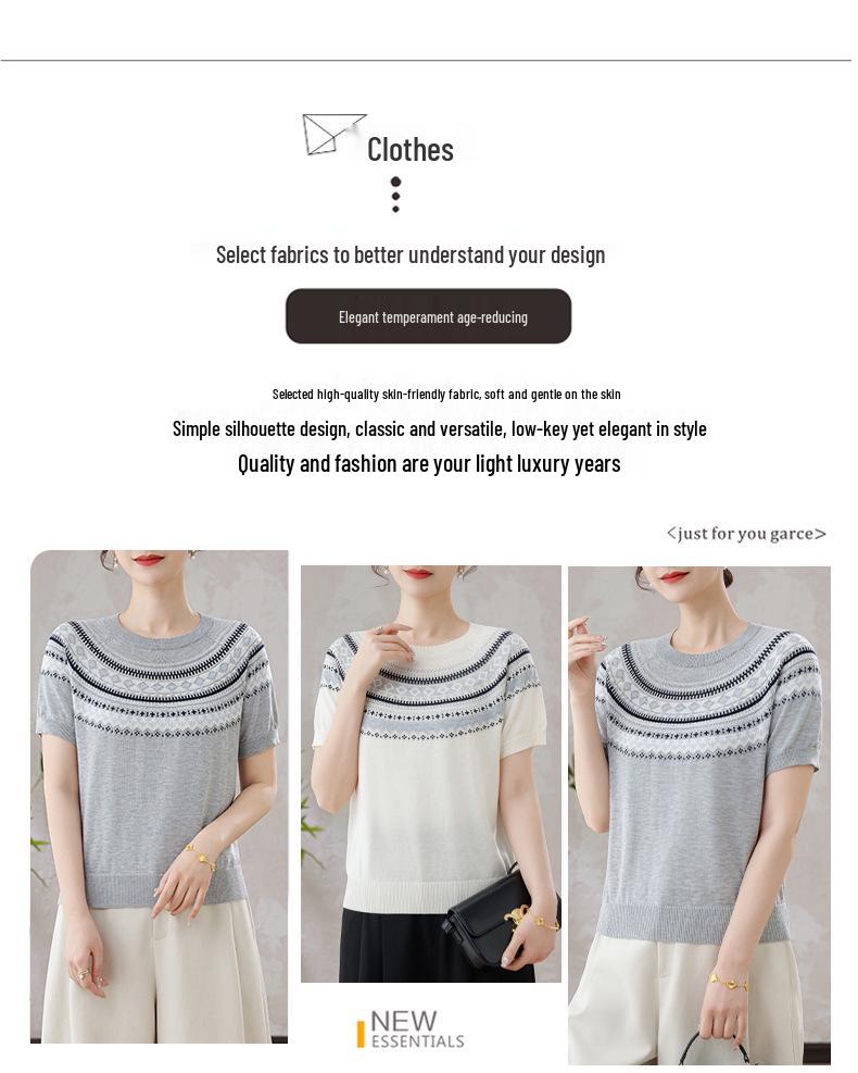 Fair Isle Retro Jacquard Tencel Short Sleeve Knit Top for Mothers - Summer New Arrival for Mid-Aged and Elderly Women