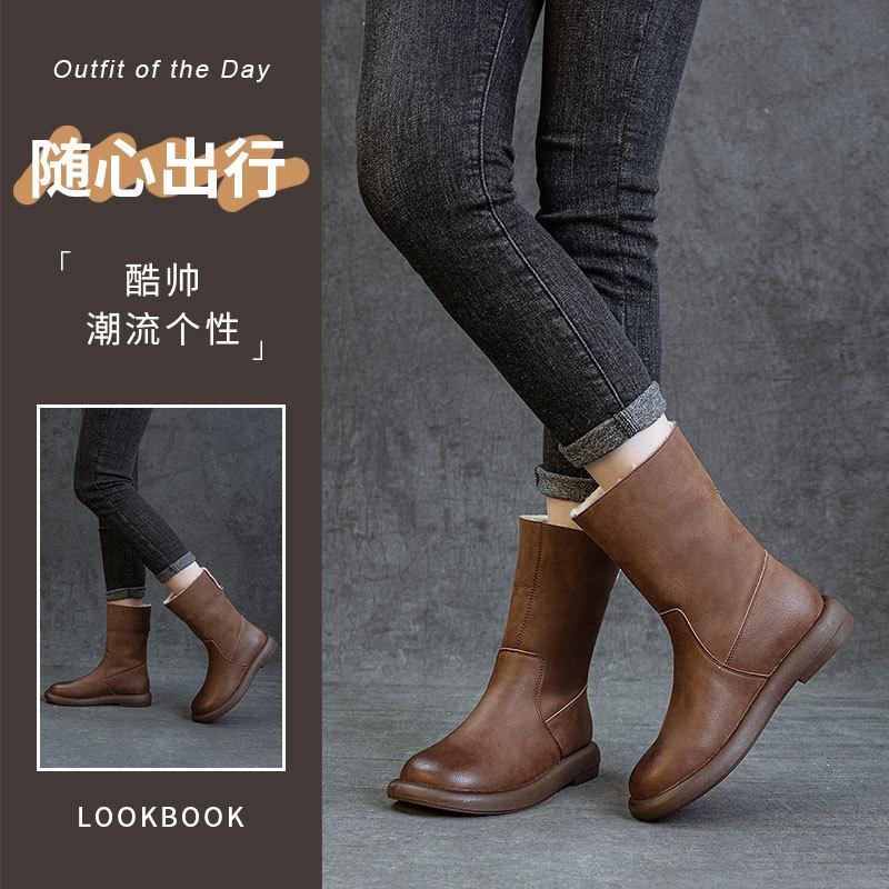 Winter retro versatile leather snow boots women's Korean version fashion velvet boots two wear casual black cotton shoes