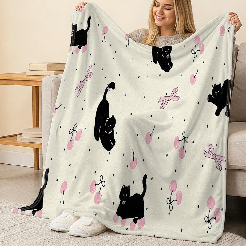 Flannel Throw Blanket No Pilling, Soft Warm Cozy with Cute Black Cat & Cherry Pattern, for Home, Postpartum, Christmas & Halloween