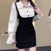 Pure desire fake two-piece splicing long-sleeved dress women's early autumn design sense niche temperament slim and thin hip-wrapped short skirt
