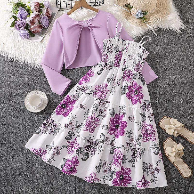 Mädchen-Blumen-Spaghetti-Trägerkleid & Langarmmantel - Frühjahrskollektion