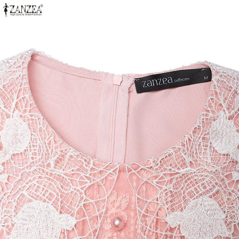 ZANZEA Women Casual Round Neck Summer Lace Patchwork Short Sleeve Dress