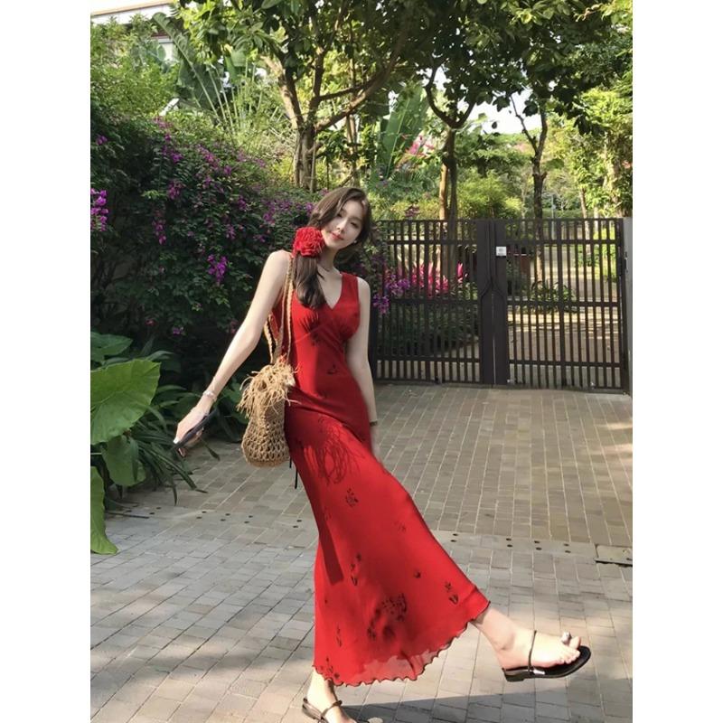 Robe d'été élégante coréenne pour femme, décontractée, à imprimé floral, col en V, midi, style plage, dos nu, sexy, slim, à bretelles