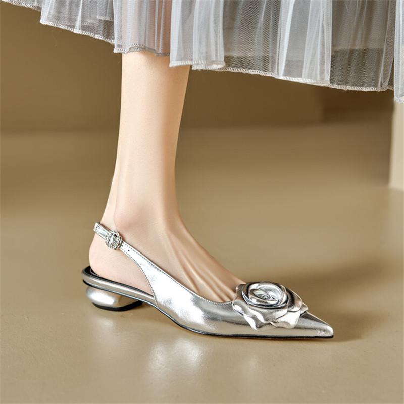 Fashion New Sheepskin Summer Sandals Pointed Toe Chunky Heels Sandals for Women Zapatos Mujer Cover Toe Camellia Sandals Ladies Shoes