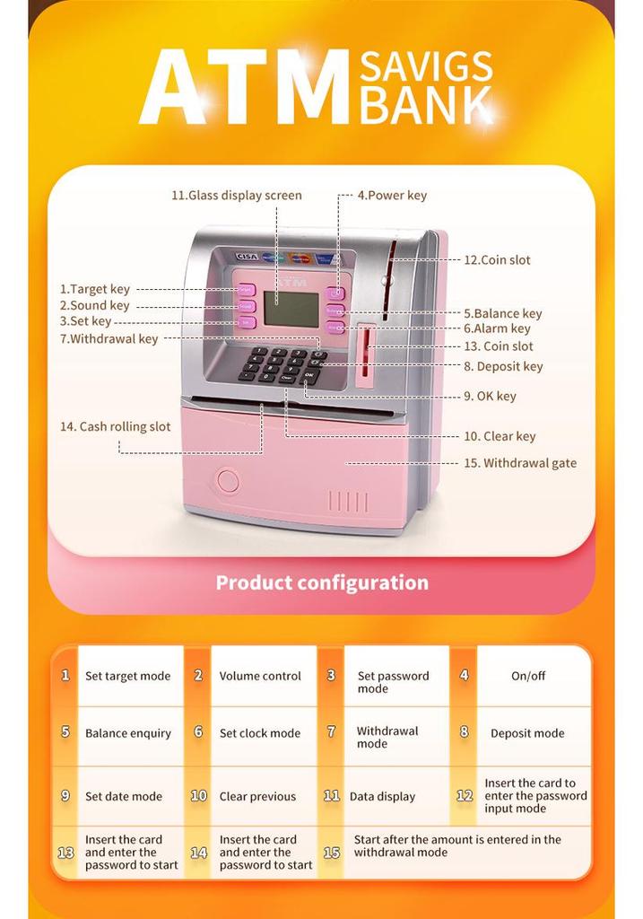 Children's Large ATM Simulator Piggy Bank with Voice and Password, Coin Roller, and Money Counting Features.