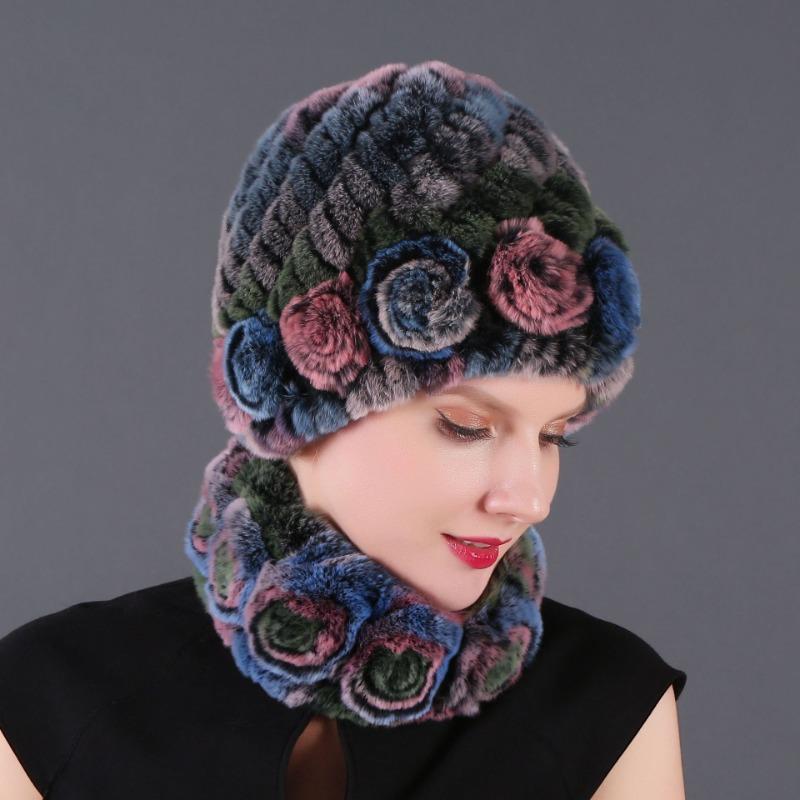 New High-quality Rex Rabbit Fur Accessories Autumn and Winter Women's Versatile Warm Hat Scarf Two-piece Set