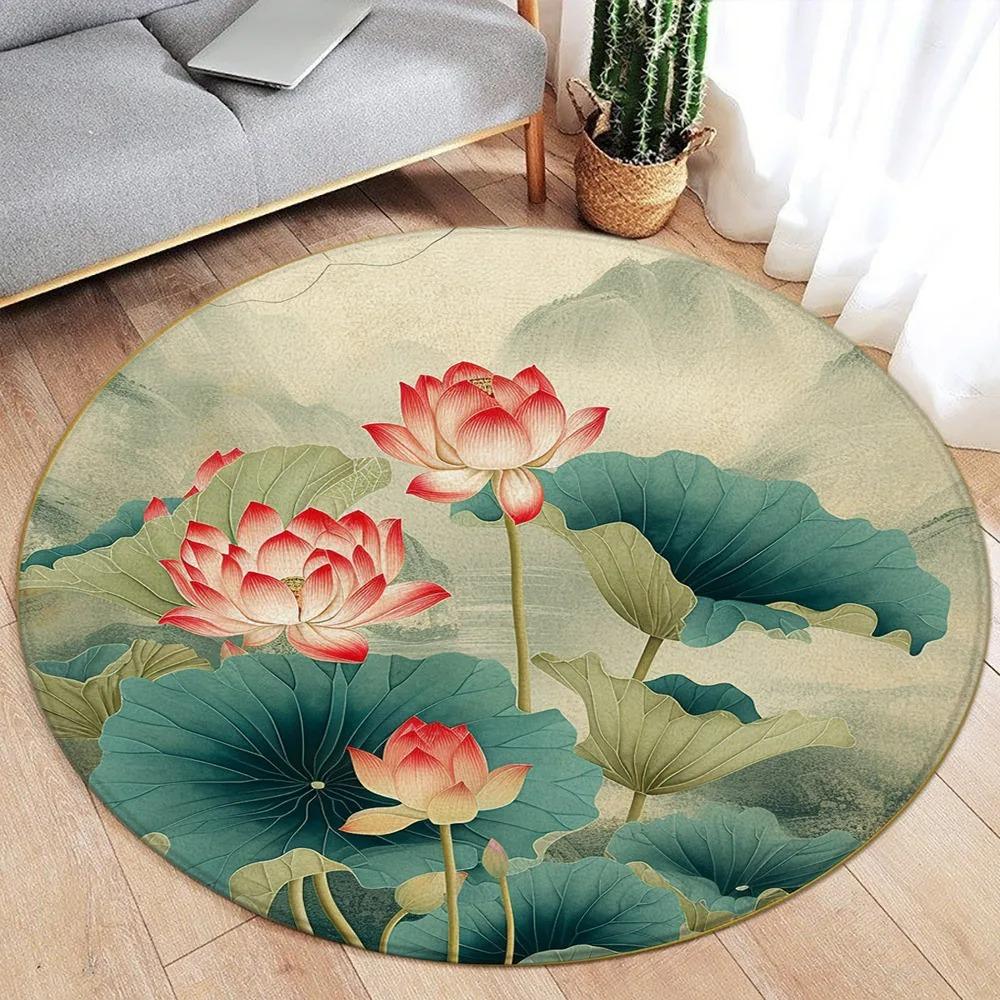 Lotus Flower Koi Cherry Blossom Chinese Style Round Carpet Peacock Butterfly Circular Floor Mat Living Room Bedroom Decor Rugs
