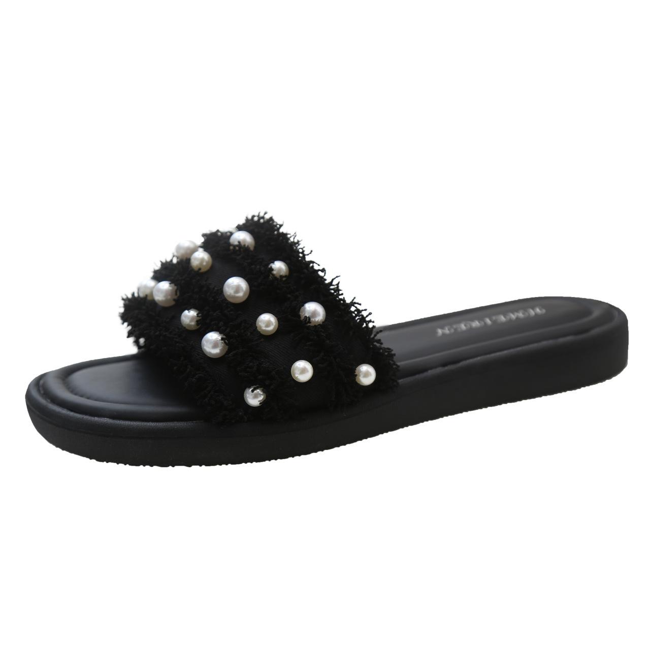 

Fashion new flat bottom one word summer beach wear sandals rhinestone women s slippers 35 чорний