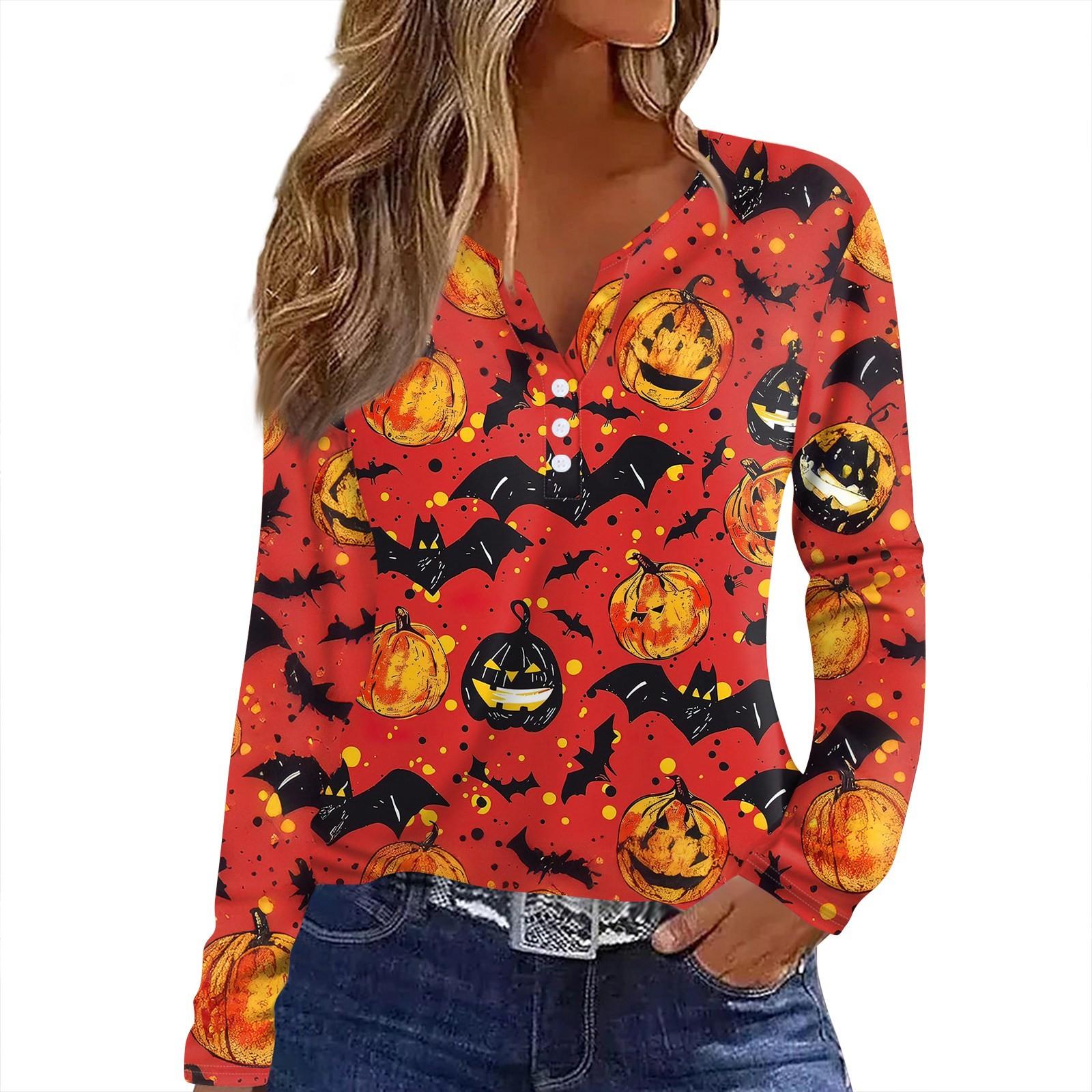 

Женская футболка Футболка Принт Хэллоуин Пуговица Длинный рукав Повседневная Мода на выходные Базовая V-образный вырез Обычный топ XXL