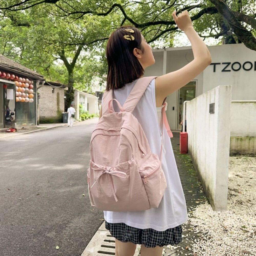 Sweet Nylon Lightweight Backpack Solid Color Travel Shoulders Bag Bow Wrinkle Backpack Women