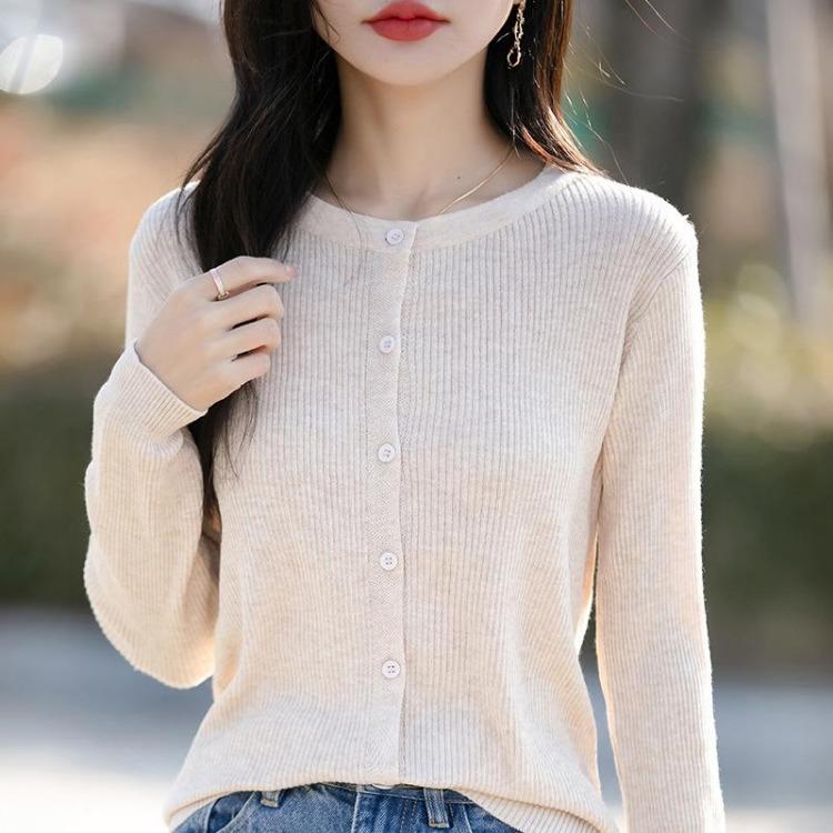 Korean Style Loose Long Sleeve Womens Cardigan Sweater Mini Coat Spring New Round Neck Knitted Outerwear