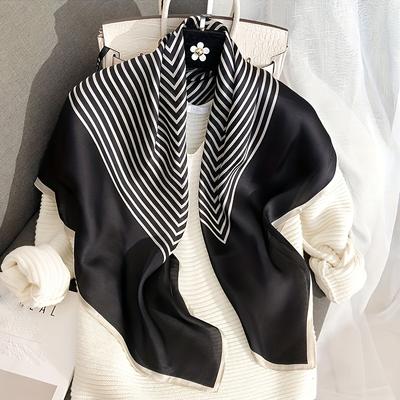Simple Striped Shawl Soft Satin Square Scarf Elegant Bandana Imitation Silk Head Wrap Classic Sunscreen Travel Beach Towel