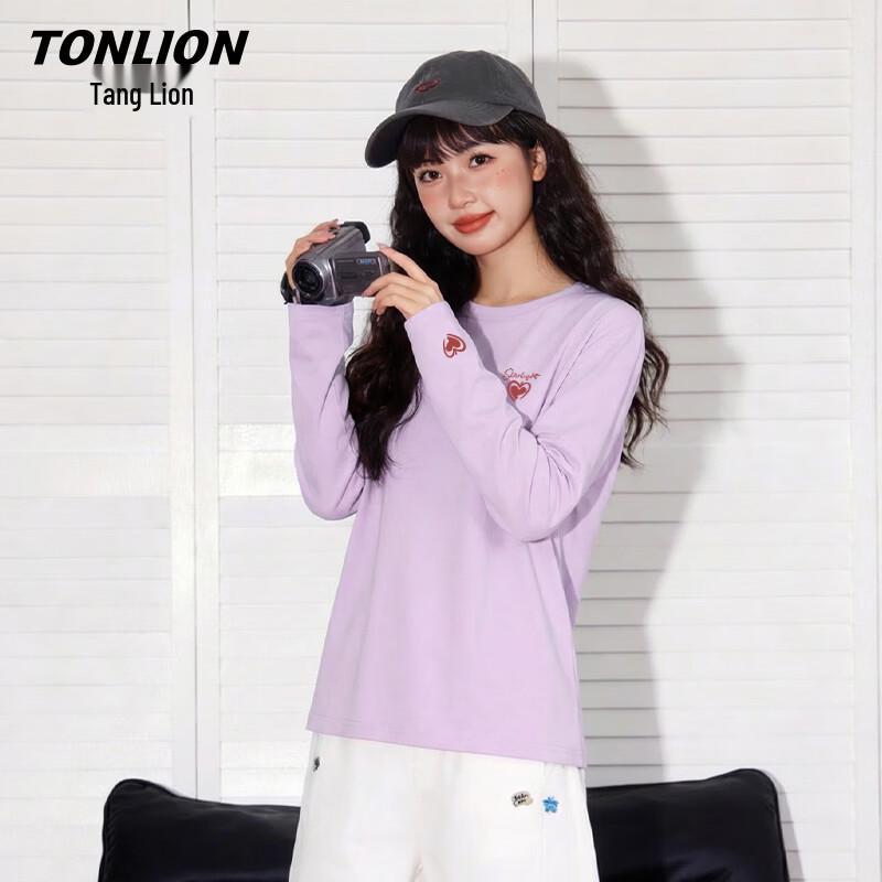 TonLion Women's 100% Cotton Loose Fit Heart Print Long Sleeve T-Shirt