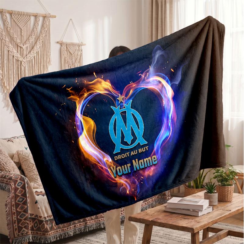 Olympique Marseille FC Personalized Fleece Blanket With Football Logo, Custom Name Text Soft Warm Home Throw Blanket