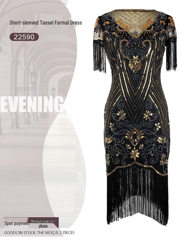 Vintage 1920s Sequin Beaded Ball Gown with Embroidery & Tassels - Plus Size Cocktail Dress