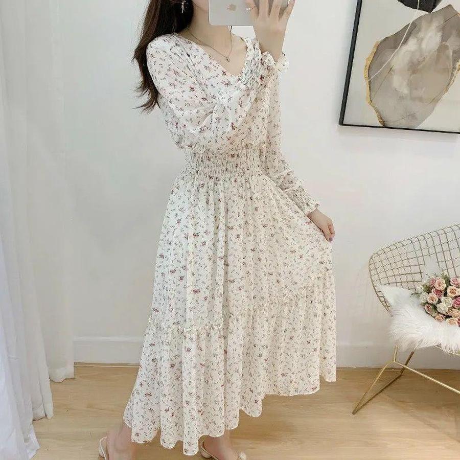 Floral Print Chiffon Dress Long Dress Women Spring New Korean Style Fairy Dress Ruffled Maxi Skirt