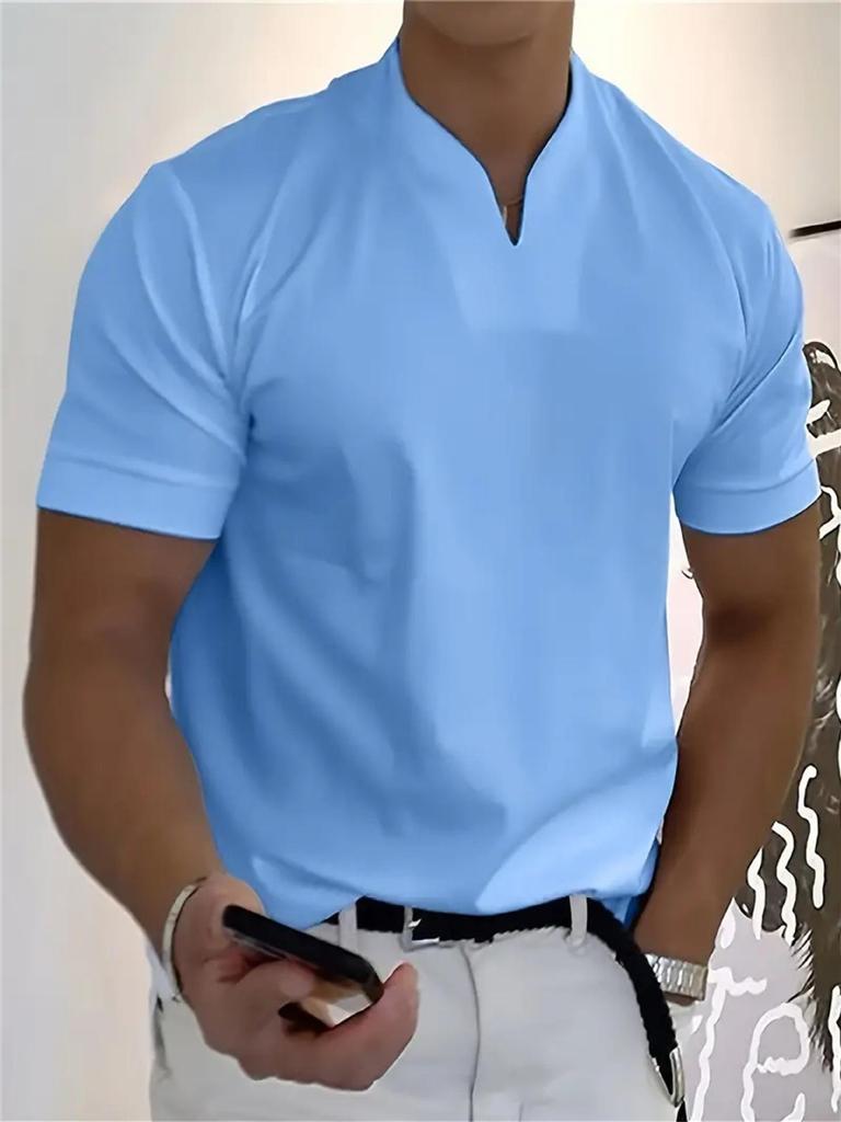 2025 Men's V-Neck Muscle Fit Sports T-Shirt - Elastic Short Sleeve Solid Color