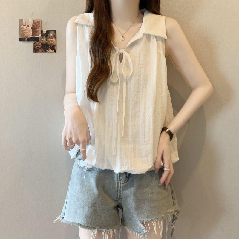 Large size drawstring bud shirt vest for women's summer new fashion age reduction and thin solid color versatile sleeveless top for women