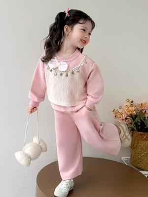 Girls' Stylish Two-Piece Set: Bow Sequin Long Sleeve Top & Pants for Autumn/Spring