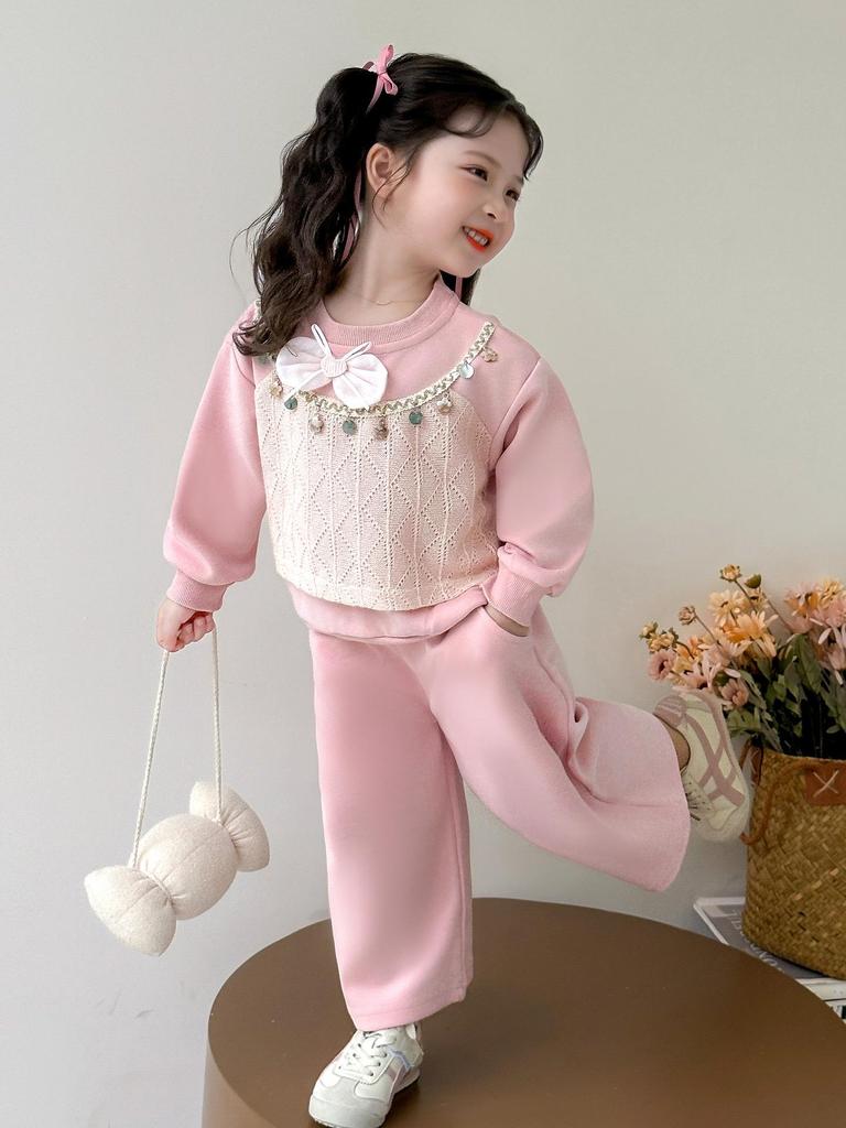 Stylowy dwuczęściowy zestaw dla dziewczynek: Top z długim rękawem i cekinami oraz spodnie na jesień/wiosnę