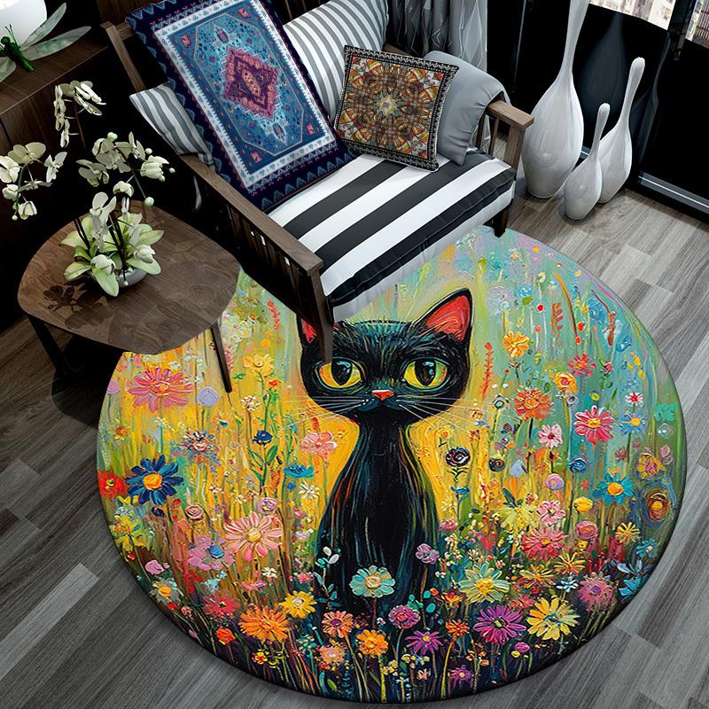 Black Cat in Flowers Round Area Rug,Carpet Rug for Living Room Bedroom Sofa Playroom Decor,Non-slip Floor Mat