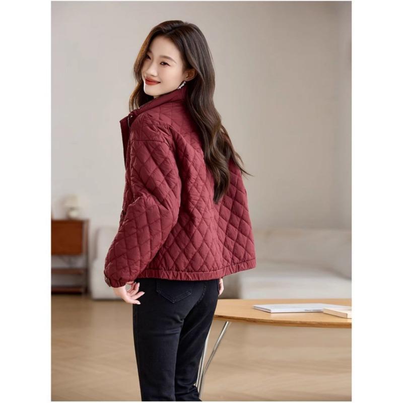 Fashionable Loose Fit Autumn Winter Stand Collar Diamond Grid Thin Cotton Coat, Middle-aged and Elderly Cotton Jacket
