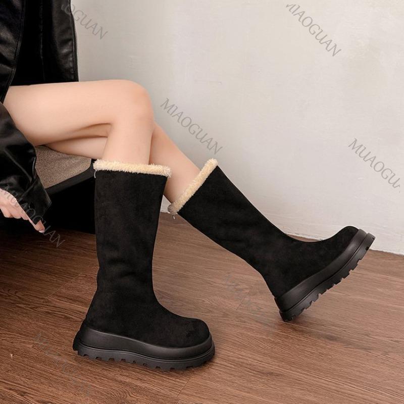 Thick Bottom Snow Boots  Winter Round Toe Fleece Warm Platform Women's Shoes Fashion Suede Warm Mid-calf Cotton Botas Femininas