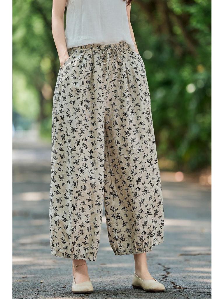 Damen Frühling 2026 Leinen Bedruckte Laternen-Cropped-Hose mit elastischem Bund