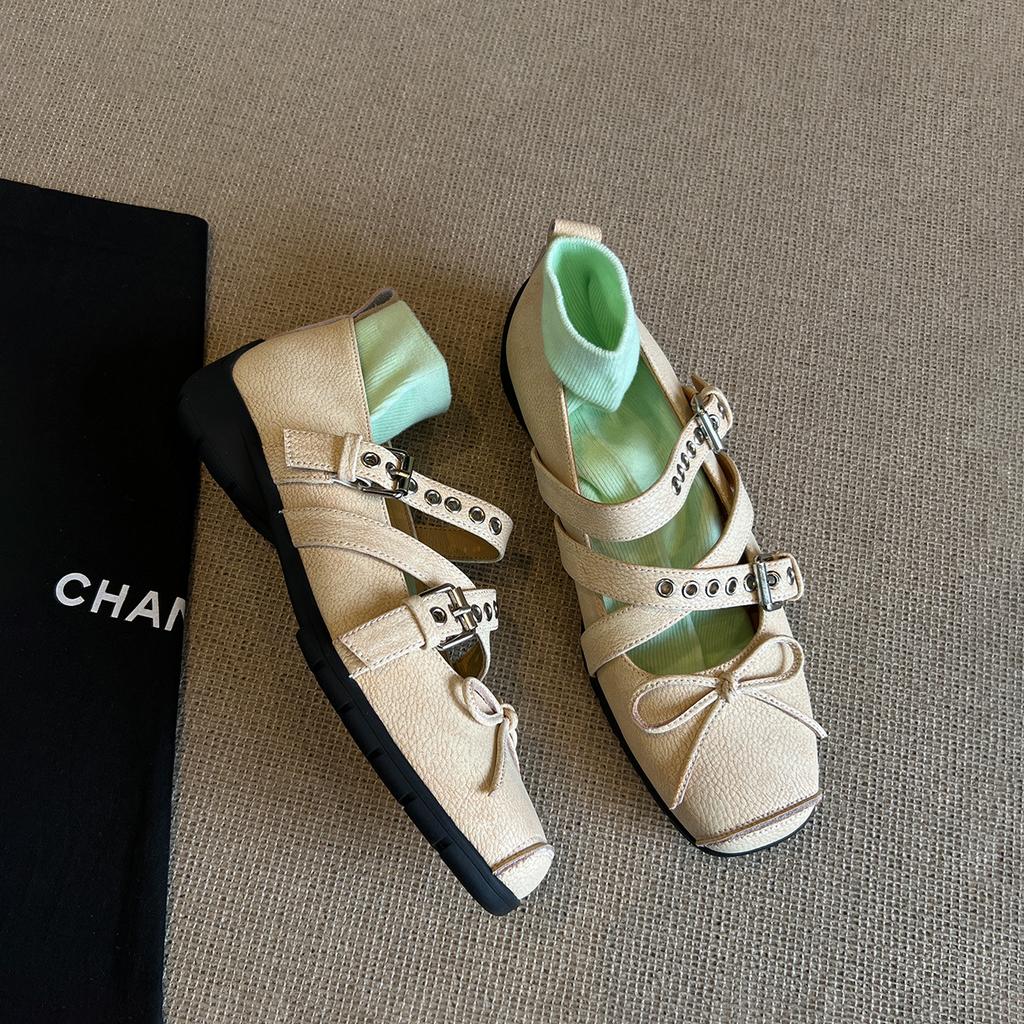 Super Soft Leather Bow Square Head Shallow Mouth Ballet Single Shoes Women's 2025 Summer French Retro Cross Buckle Belt Mary Jane Shoes