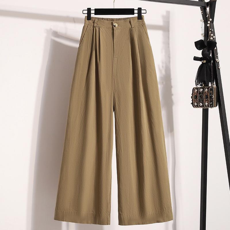 Large Size Women's Clothing 2025 Spring New Fashion Versatile Solid Color High Waist Thin Fashion Nine Points Casual Wide Leg Trousers