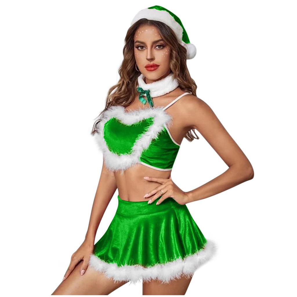 Damen Sexy Dessous Weihnachtskleid Flanell Plüsch Träger Schlitz Anzug