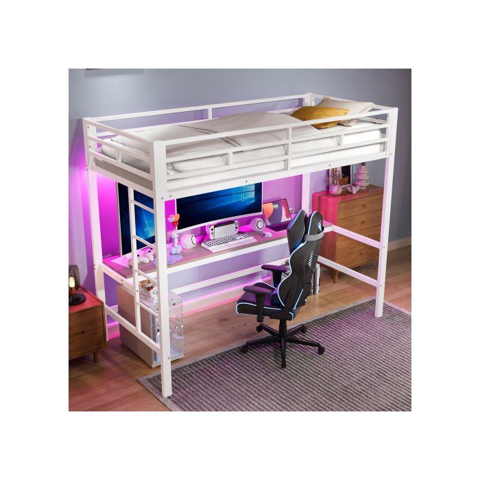 Lit mezzanine, 90*200 cm, garde-corps, pied de lit, selon en747, sans matelas, métal, blanc