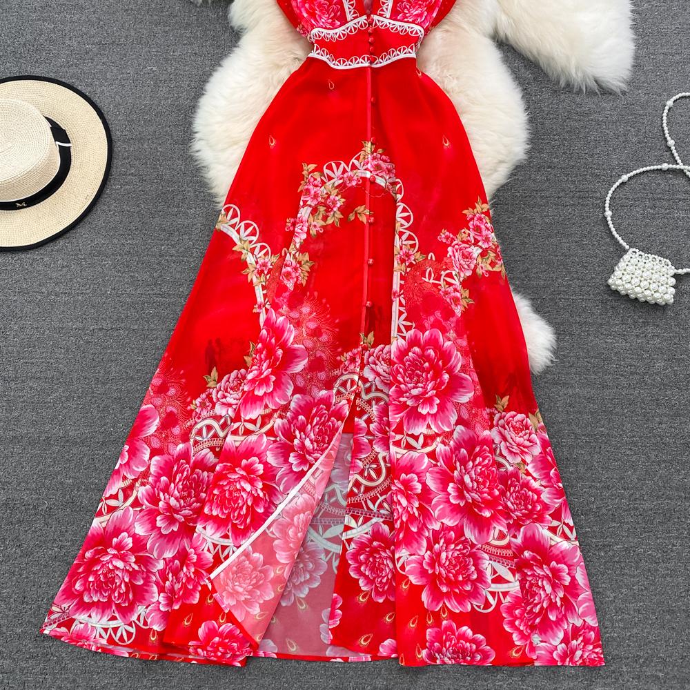 Fashion Runway Print Summer Dresses For Women Deep V Neck Flying Sleeve Single Breasted Split Long Pleated Chiffon Dresses