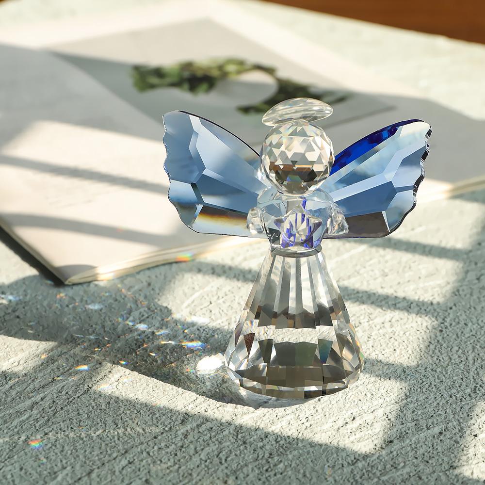 Estatueta Anjo da Guarda de Cristal Colecionável Peso de Papel Vidro Asas Azuis Ornamento de Anjo Estátua Presente de Casamento