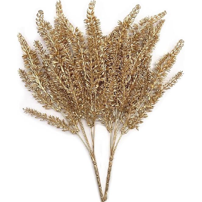 PASYOU Fake Leaves Plants for Christmas Decor, Gold Artificial Shrubs Grass Foliage Plastic Bulk Leaf Indoor Outdoor Home Garden Party Hotel Verandah
