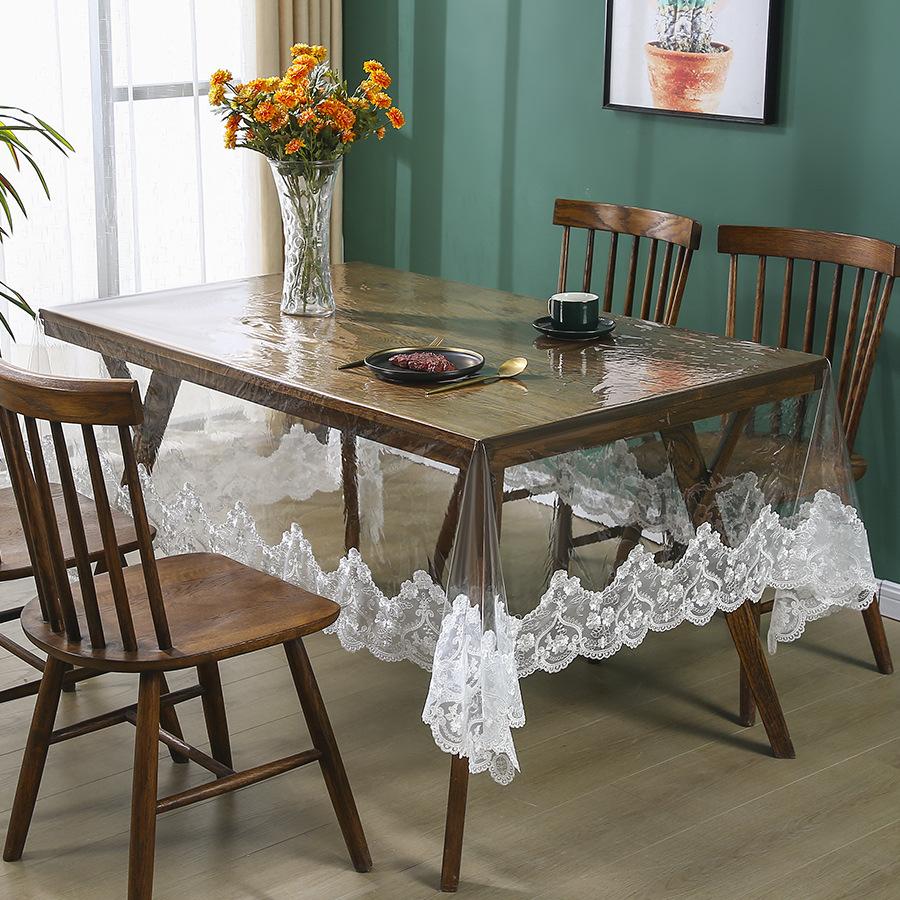 PVC No-rinse Lace Trim Tablecloth Waterproof and Oil Resistant Household Coffee Table Wear-resistant and Anti Slip Tablecloth for Dining Tables